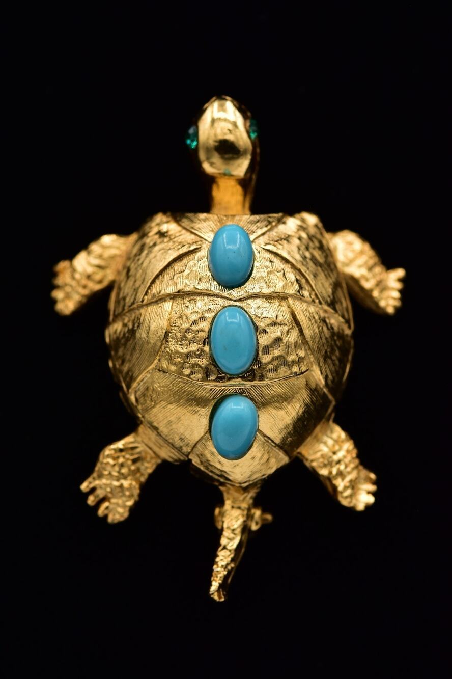 Pell Vintage Turtle Brooch Turquoise Cabochon Gold Figural Animal Pin 50s BinAT